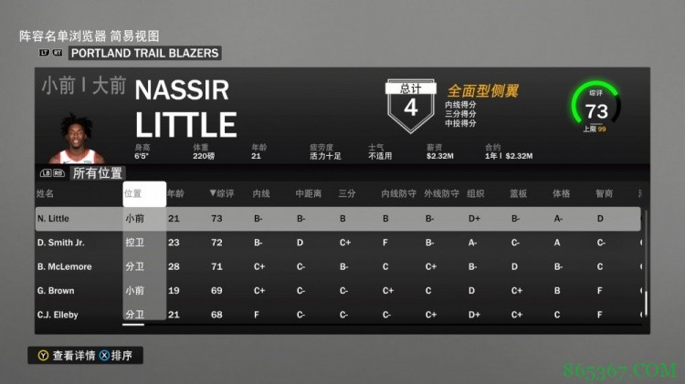 开拓者能力值:利拉德94 麦科勒姆85 努尔基奇81