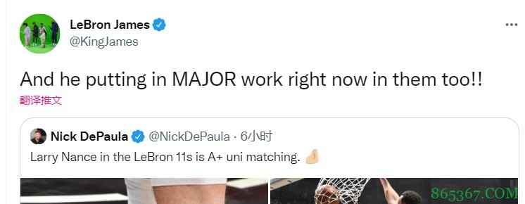 詹姆斯转发小南斯穿詹11代战靴照:他穿着这双鞋做出了重要工作