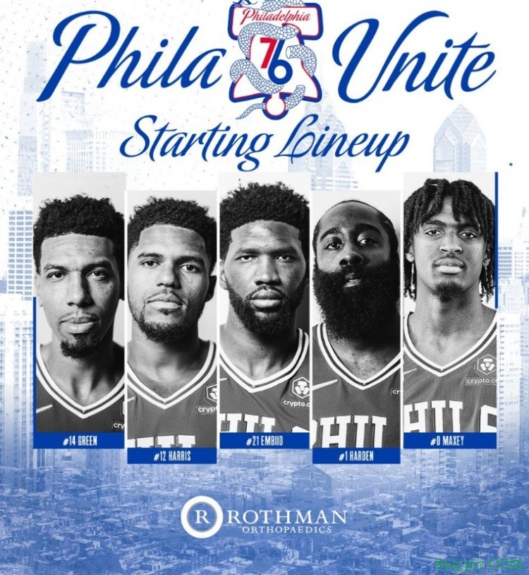 76人对阵猛龙G3首发：格林、哈里斯、恩比德、哈登、马克西