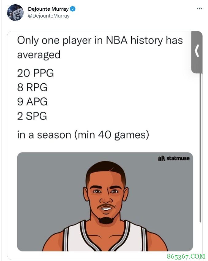 遗憾落选！穆雷晒自己场均数据 场均20分8板9助2断历史唯一！