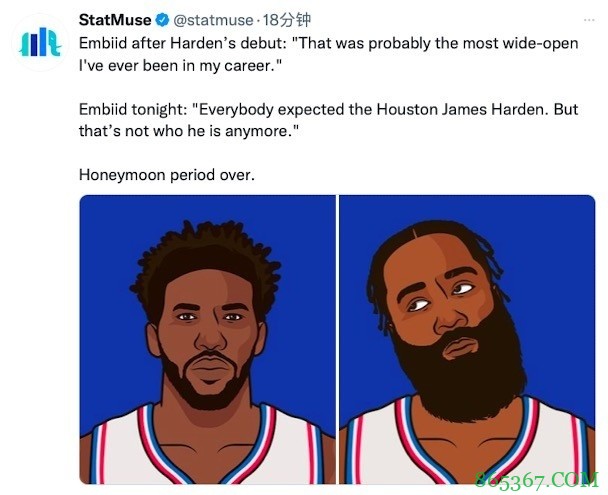 美媒晒恩比德此前称赞哈登言论:这可能是我生涯所拥有的最大空位