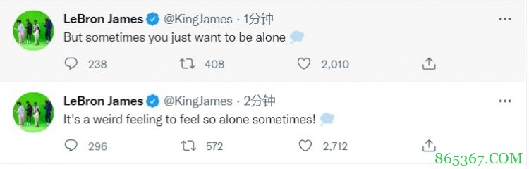 詹姆斯发推：有时会感觉如此孤独 但有时又只想一个人待着 ?