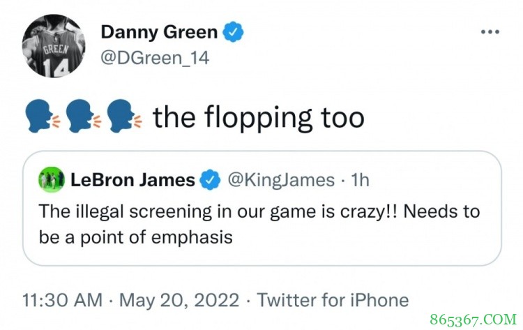 丹尼-格林转发詹姆斯关于非法掩护看法的推特：假摔也一样