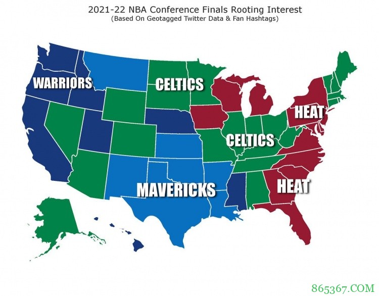 分区决赛美国各州支持球队情况：绿军获22州支持最多