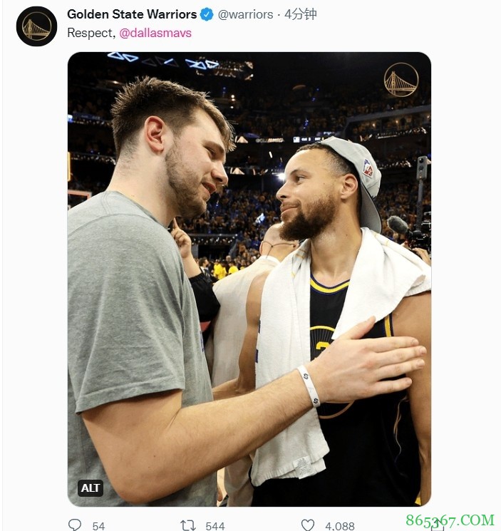 惺惺相惜！勇士官推晒库里东契奇赛后互相致意照：瑞思拜！