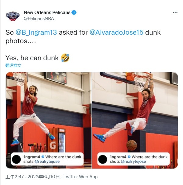 鹈鹕官推:英格拉姆想要“老六”的扣篮照 没错他确实能扣