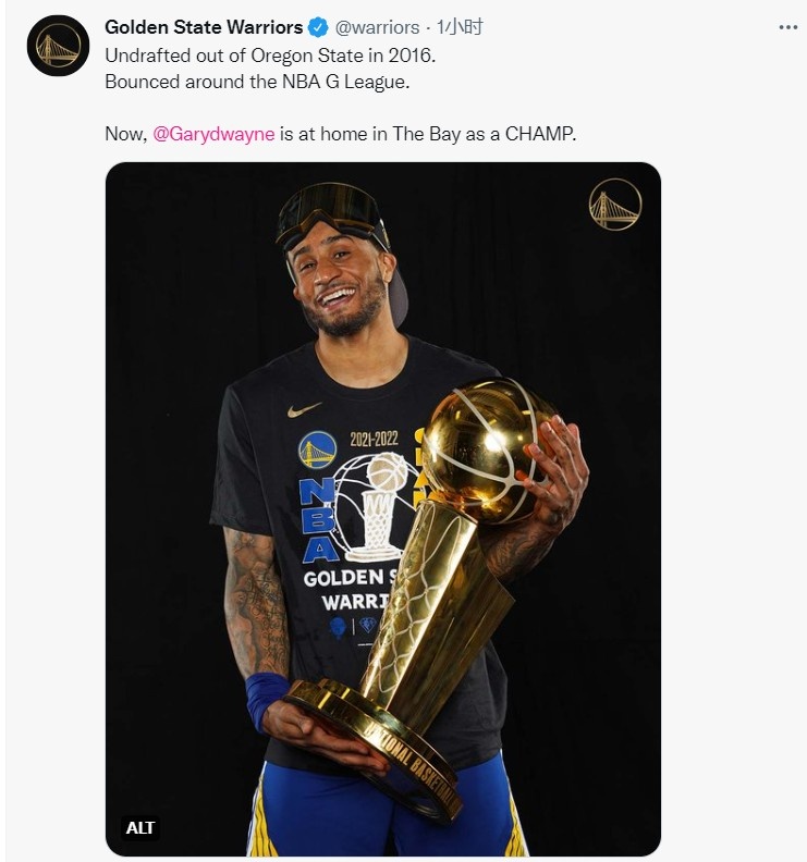 16年落选!6年辗转4队!勇士官推:在湾区!佩顿已是冠军!