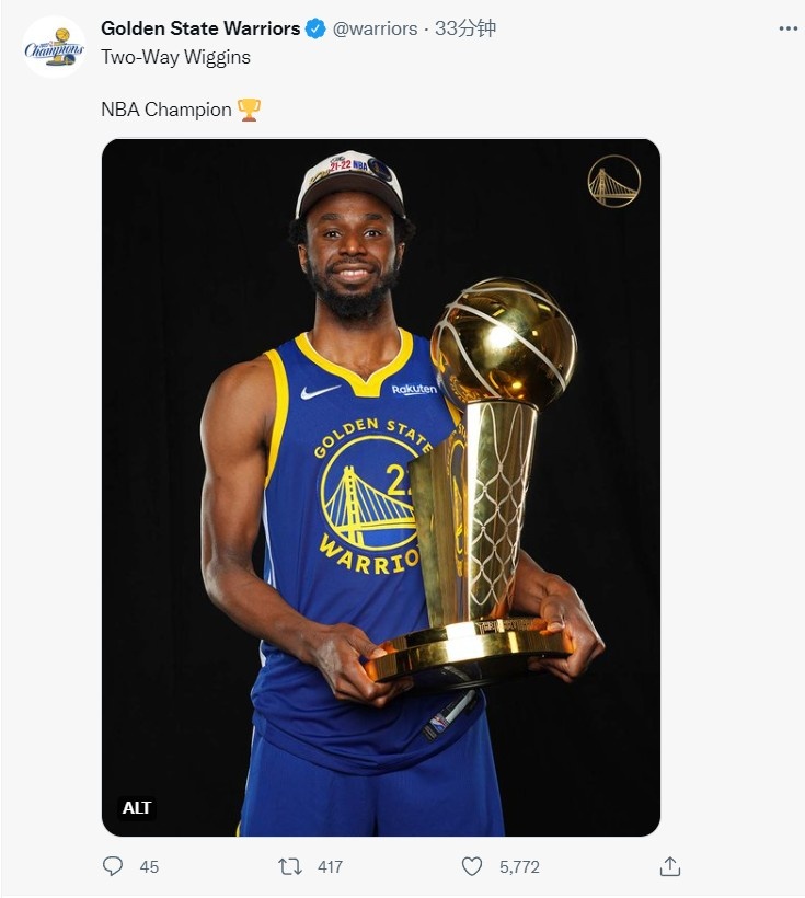 勇士官推晒嘴哥捧杯定妆照:攻守全能维金斯 NBA总冠军!?