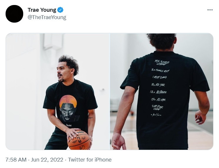 偶像的力量!特雷-杨晒科比T恤训练照