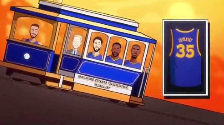 转播方制作勇士王朝短片：库里开车 KD在车尾&离开后位置给了嘴哥