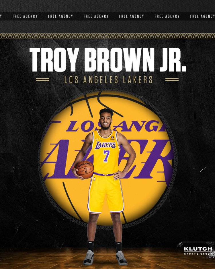 Klutch经纪公司官宣：旗下球员小特洛伊-布朗和湖人达成一年合同