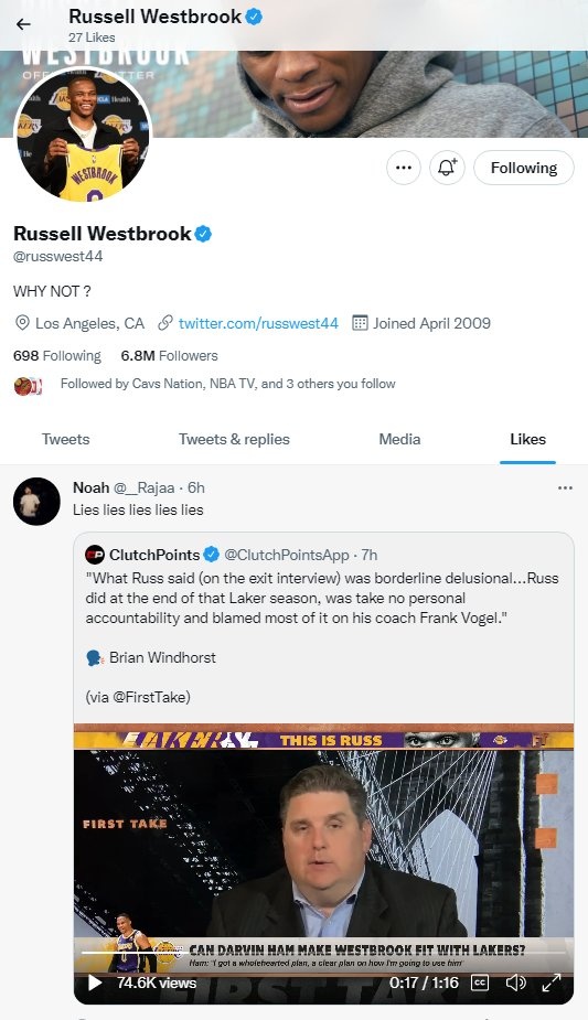 ?名记抨击威少推脱责任 威少本人点赞球迷驳斥动态