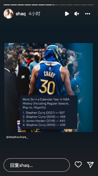 奥尼尔转发自然年三分命中纪录:21年&16年的库里前2 19哈登第3