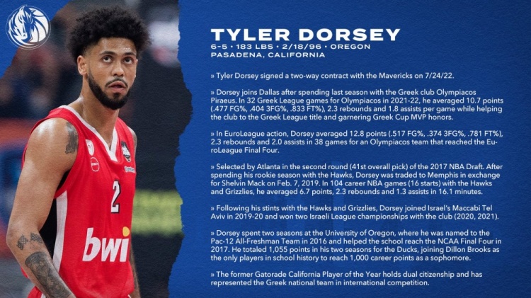 独行侠官方：球队正式与后卫泰勒-多西签下一份双向合同