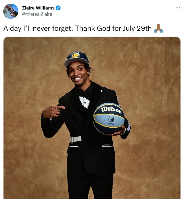 灰熊前锋威廉姆斯晒照回顾去年选秀被选中：永远不会忘记的一天