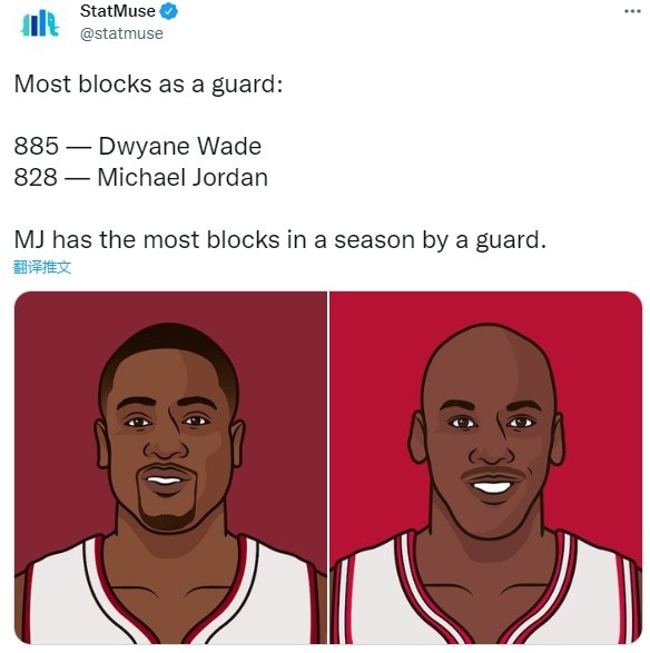 美媒晒历史后卫盖帽数前二名：韦德885第一 乔丹828第二
