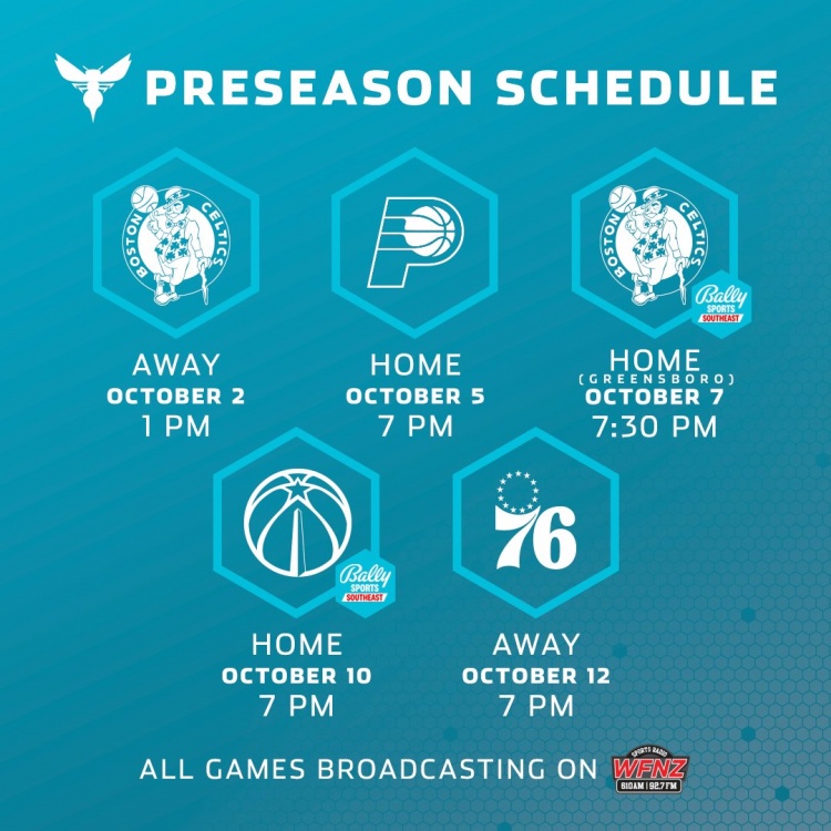 黄蜂公布季前赛赛程：两战凯尔特人 首战10月3日凌晨打响