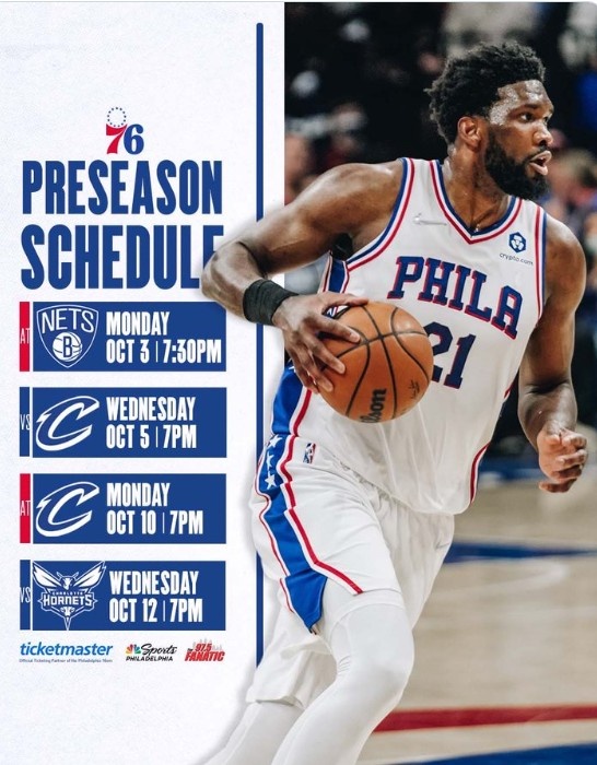 76人公布季前赛赛程：10月4日首战篮网 之后对阵骑士黄蜂