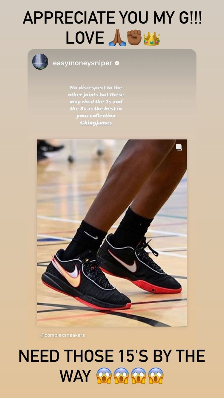 杜兰特称赞詹20战靴 詹姆斯回复:感谢兄弟 给我来双杜15呗