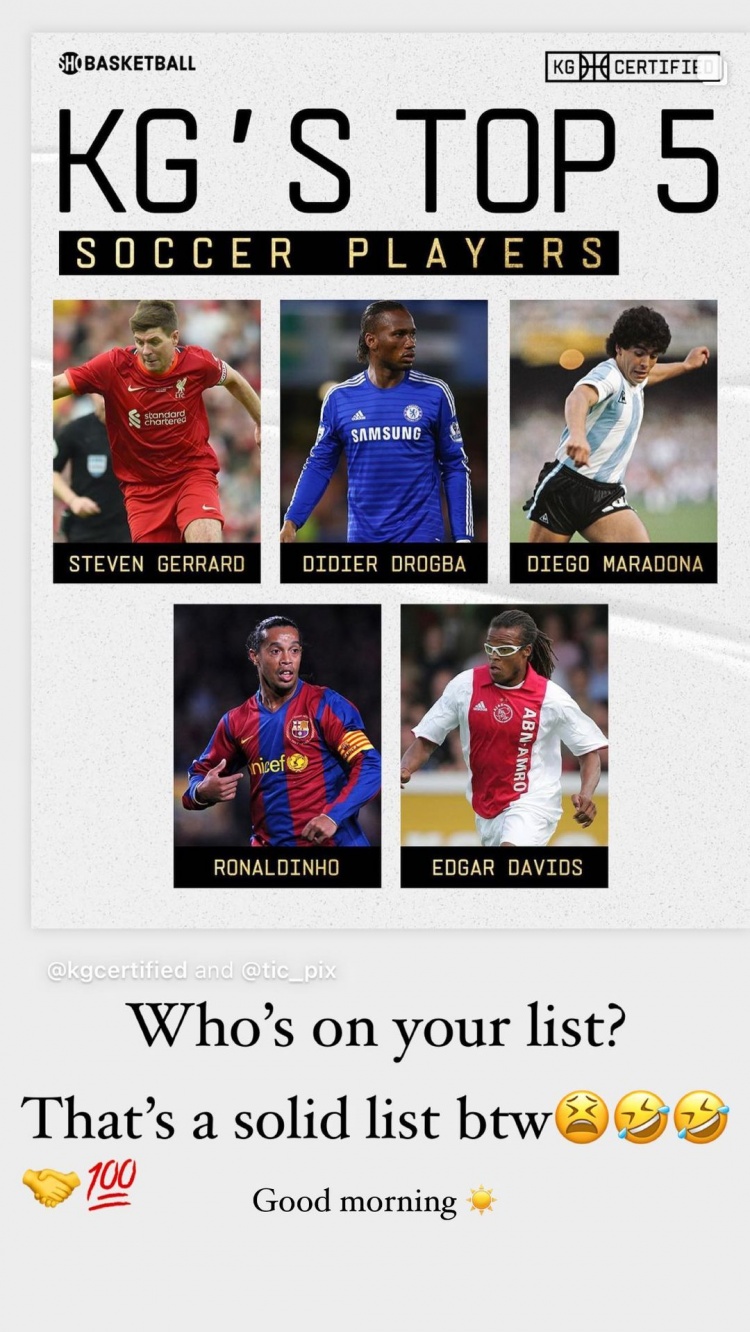 KG心中前五足球运动员:杰拉德/德罗巴/马拉多纳/小罗/野猪