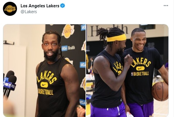 湖人官推晒出贝弗利&威少谈笑合照:欢迎来到洛杉矶