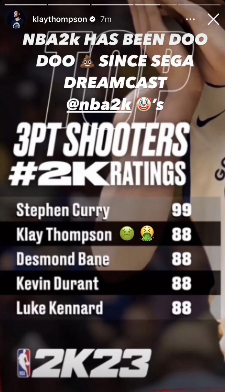 三分能力88？克莱INS吐槽：2K早就是坨屎了！吐了！小丑?！