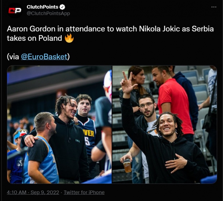 欧锦赛塞尔维亚VS波兰 约基奇队友阿隆-戈登现场观战