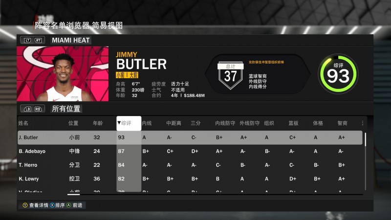 热火全队2K23能力值:吉米仔93当话事人 希罗84 巴约87 哈队70