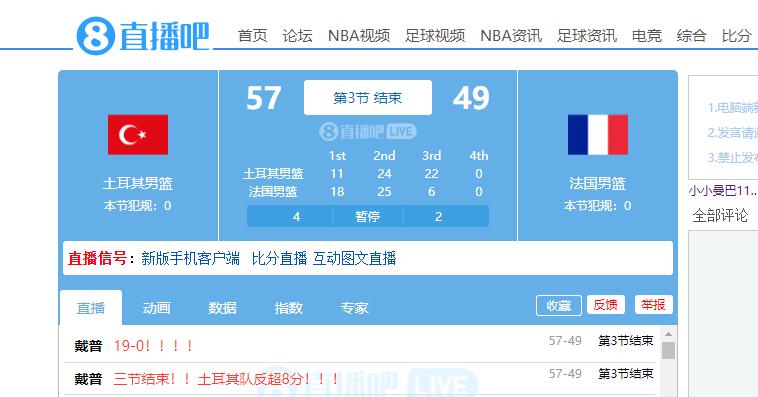 法国断电!土耳其男篮7分钟打出19-0攻击波 反超8分结束第三节