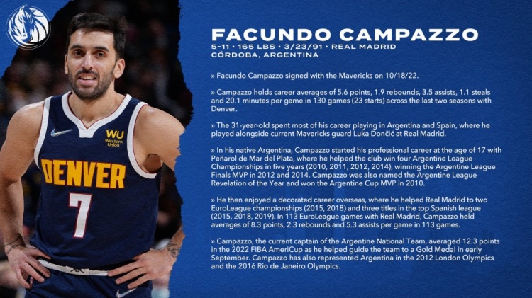 独行侠官方：球队正式签下了后卫坎帕佐 后者将穿2号球衣