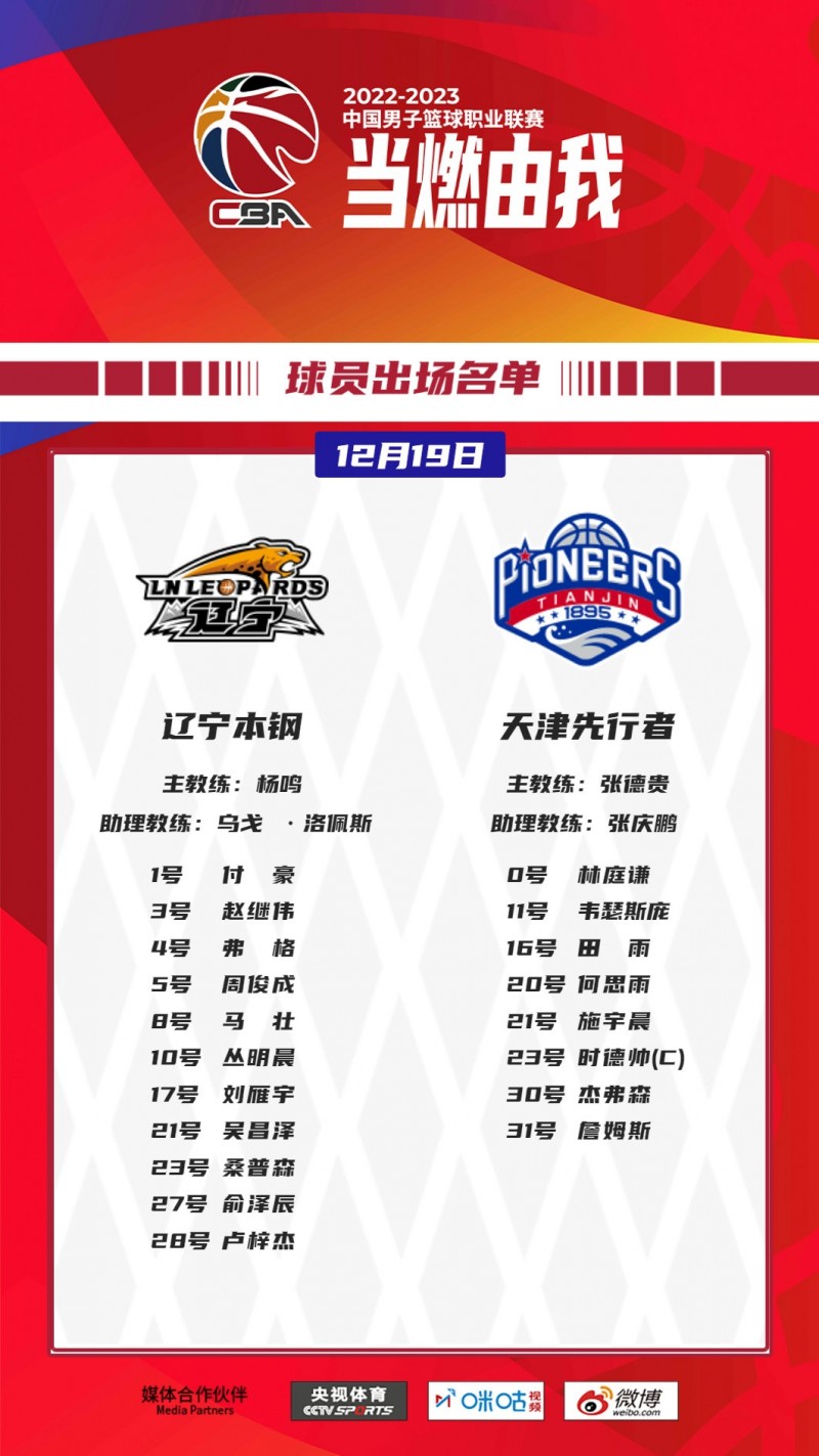 辽宁vs天津大名单:郭艾伦&张镇麟&韩德君缺阵 天津仅8人在列