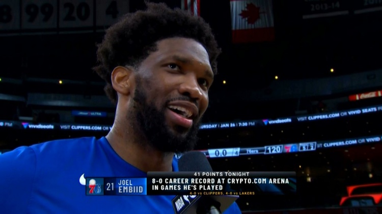 斯台普斯球馆改名后恩比德8次到访全部取胜 湖人&快船各吞4场败仗