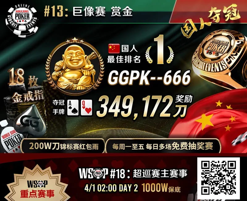 【EV扑克】素人圆梦WSOP！中国选手GGPK&#8211;666斩获巨像赛金戒指，奖励＋赏金近35W刀！