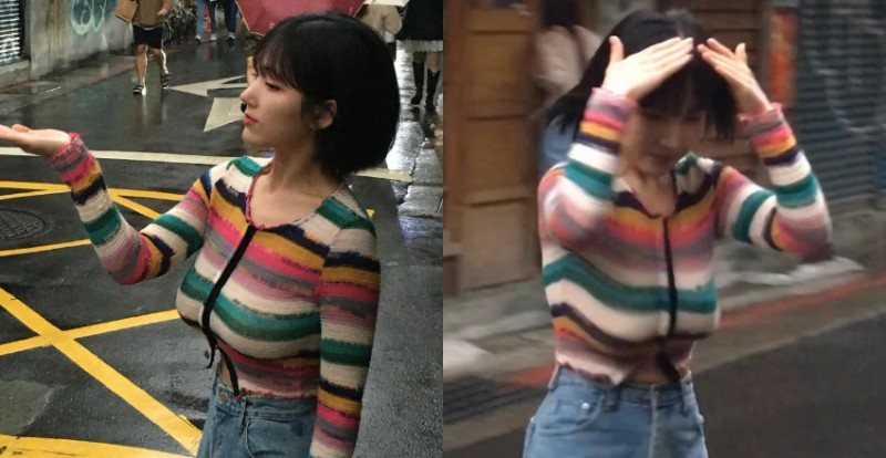 韓國超萌短髮妹挺巨乳來台旅遊　衣服條紋都被撐到變形