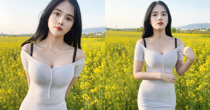 清純正妹「賞花時車頭燈好閃」，「性感的緊身造型」太養眼！