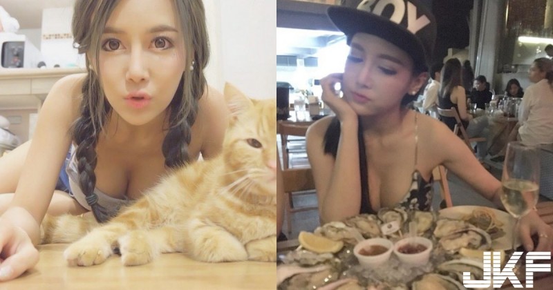 大奶正妹「乳壓貓咪」好邪惡！都已經「渾圓飽滿」了還要吃生蠔補身體！