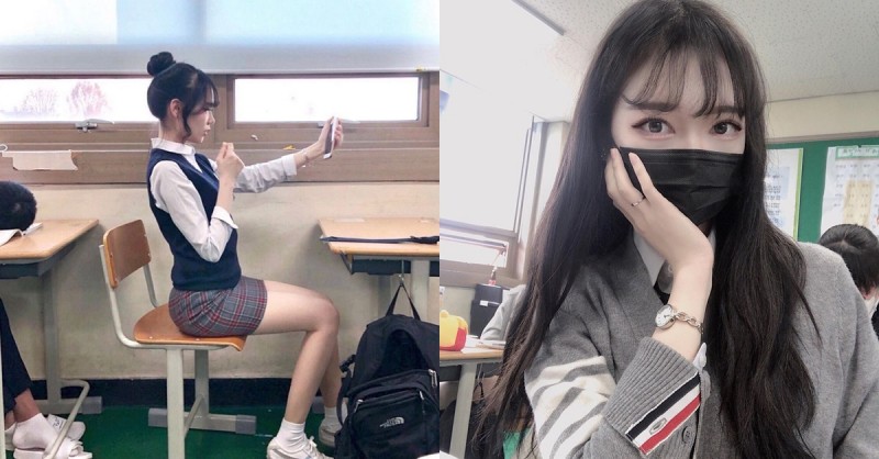 太可愛了！「正妹女學生」上課玩自拍，後面男同學怎麼睡的著？