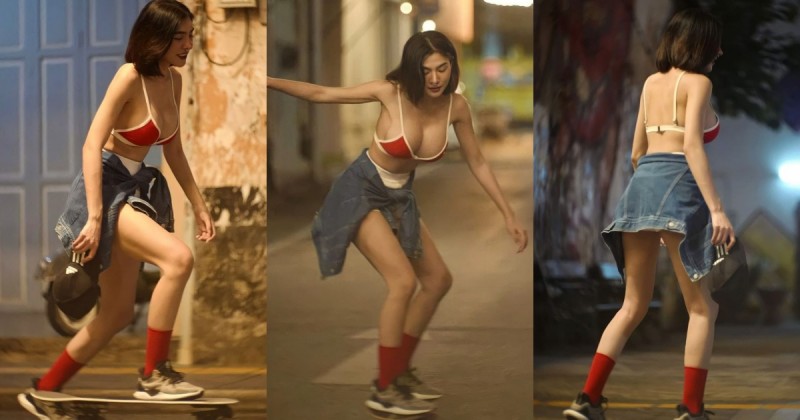 「 短髮巨乳正妹」深夜街頭溜滑板！超清涼爆乳內衣＋小熱褲，滑到哪都搶眼！